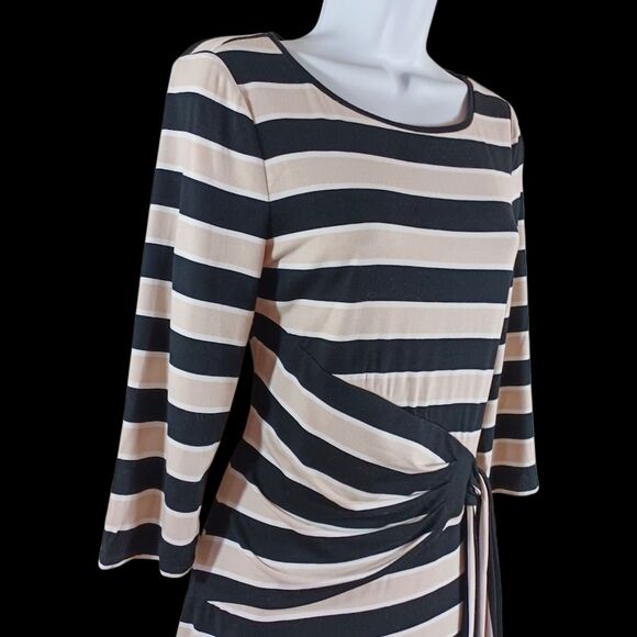 White House Black Market Tie Dress 6 Taupe Black Stripe Knit 3/4 Sleeve Bodycon - Picture 4 of 10